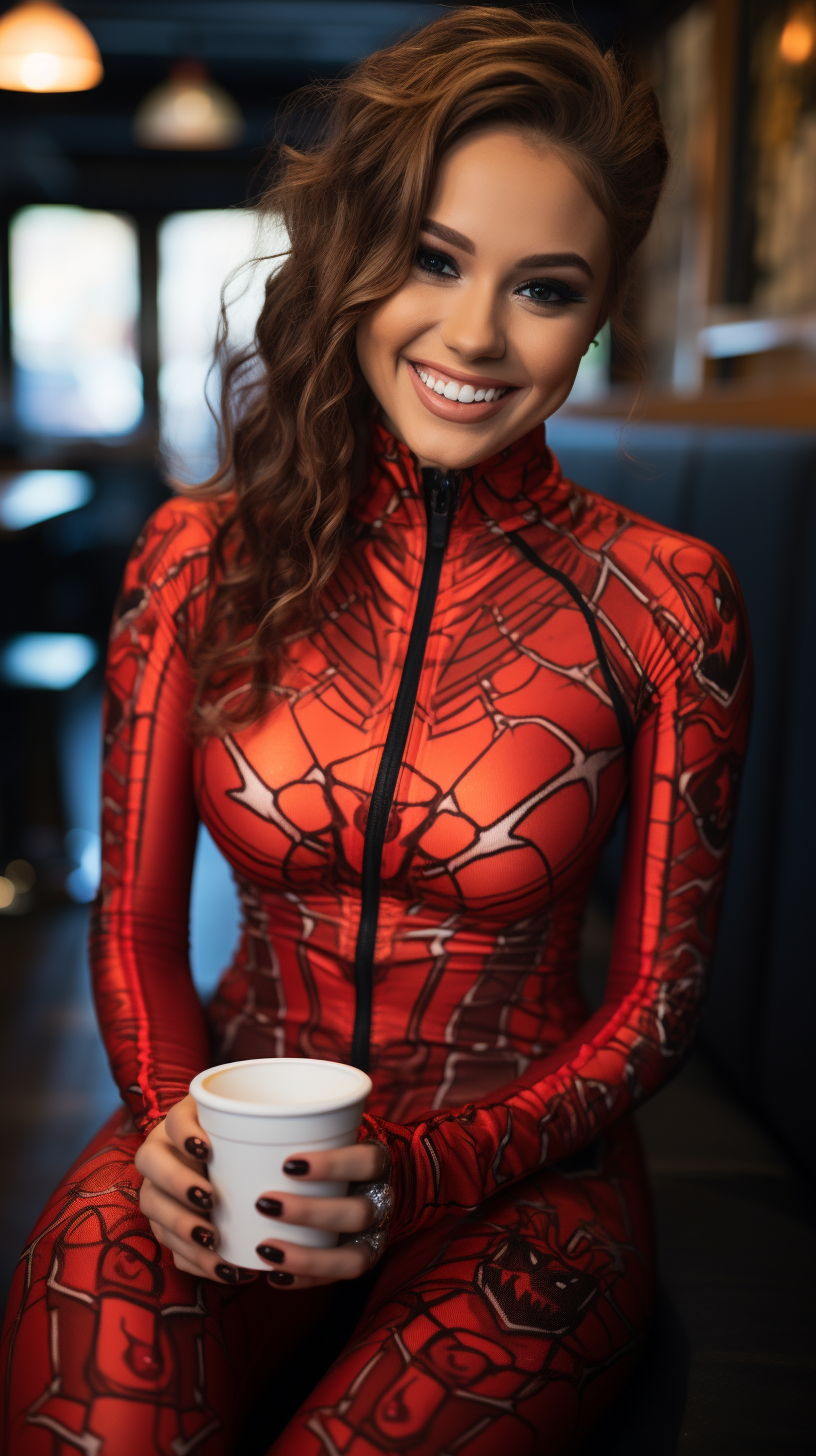 Beautiful girl in red catsuit holding coffee