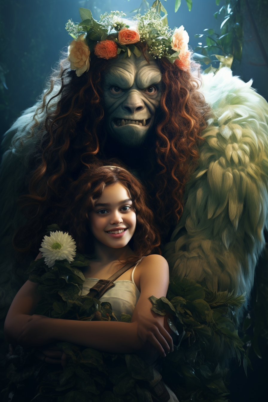 Girl on Ogre's Shoulders with Flower Decoration