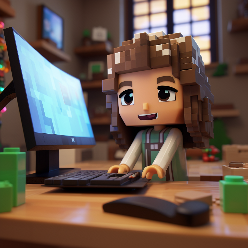 Beautiful girl attending videoconference, learning English in Minecraft