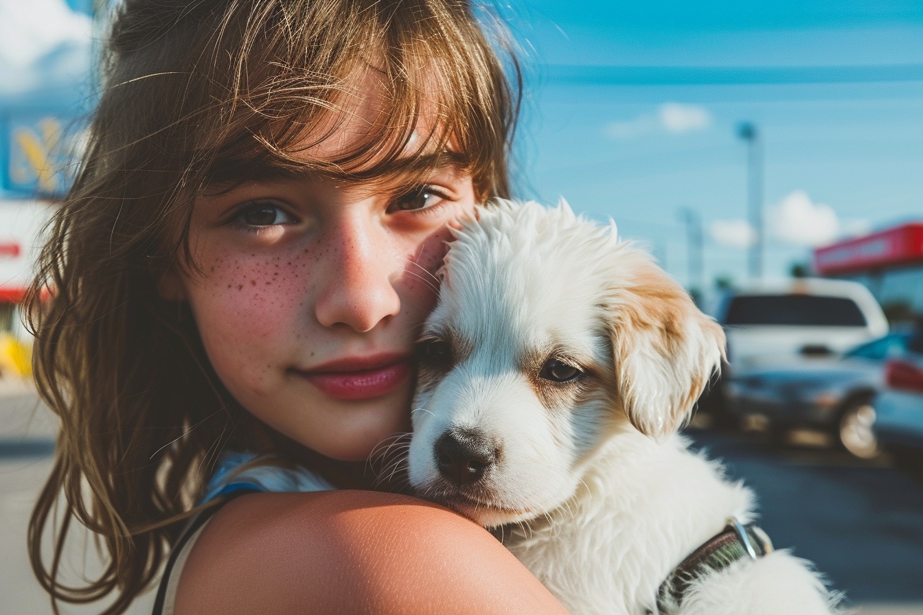 Beautiful girl with adorable white dog at Walmart