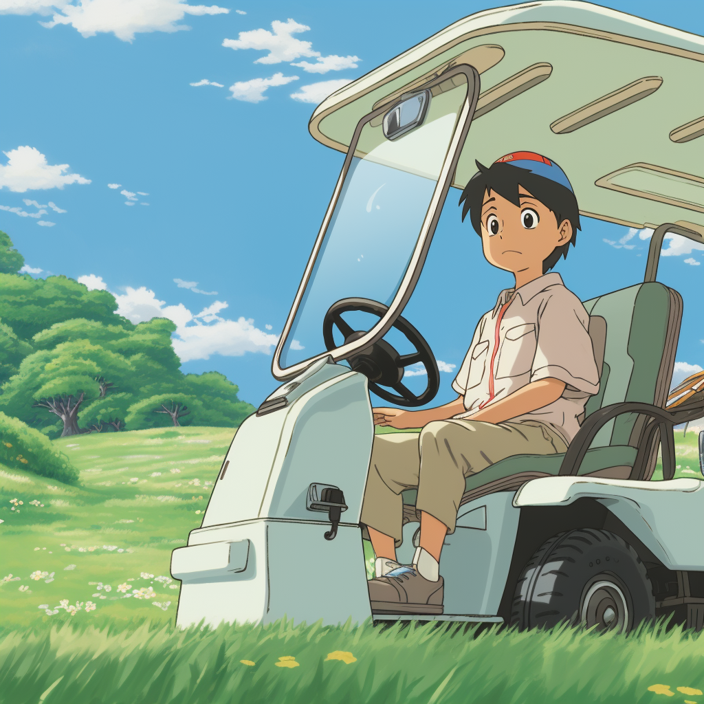 Male character enjoying a golf ride