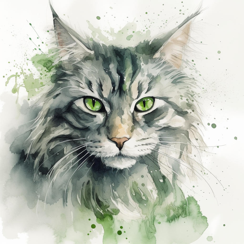 Watercolor of beautiful green-eyed cat with flowing fur