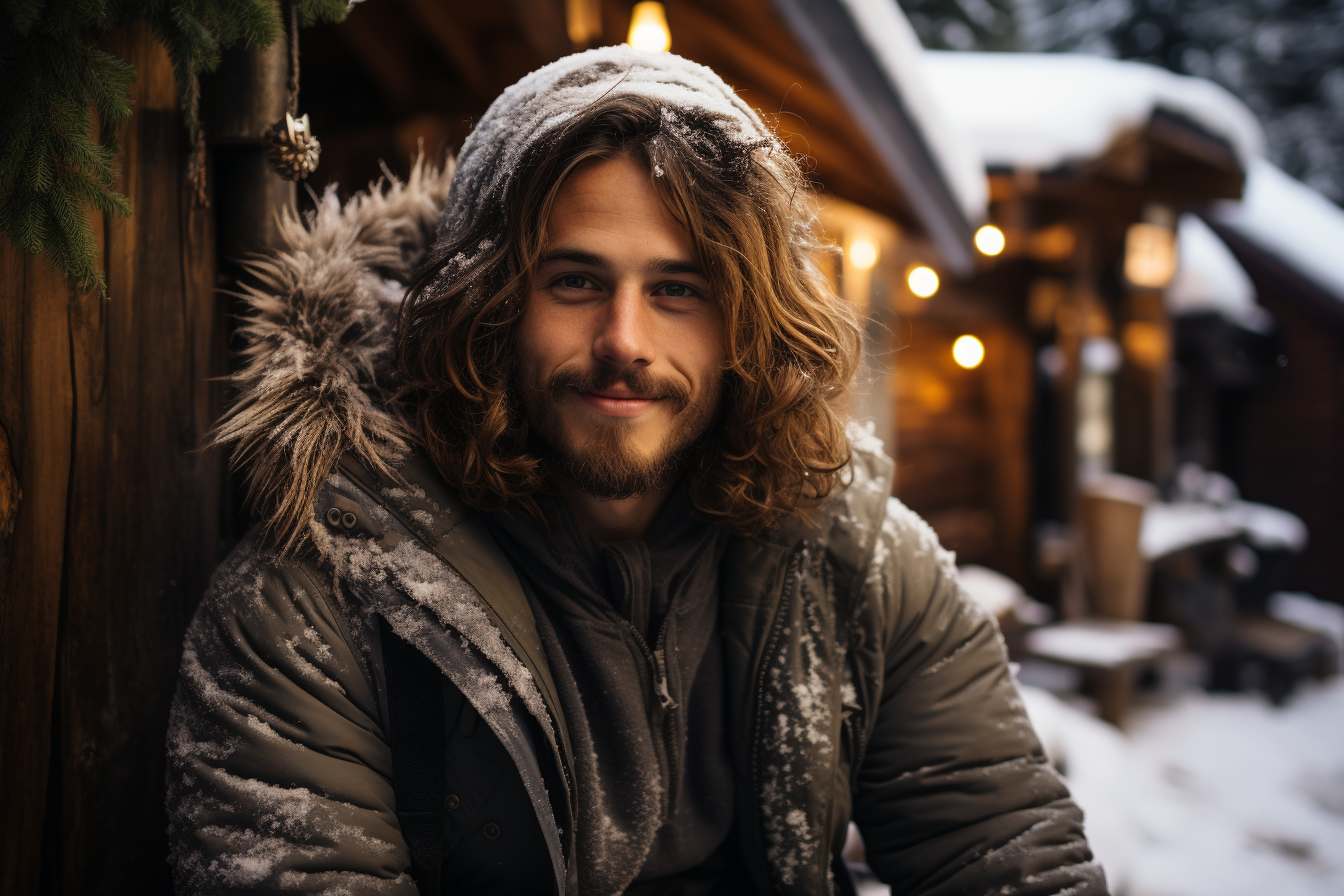 Gorgeous guy sitting outside snowy chalet