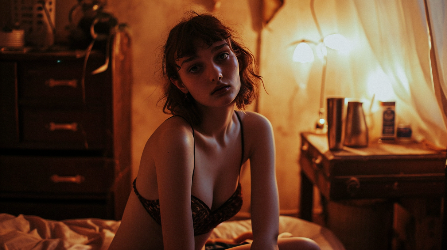 Stylish woman in bedroom at night