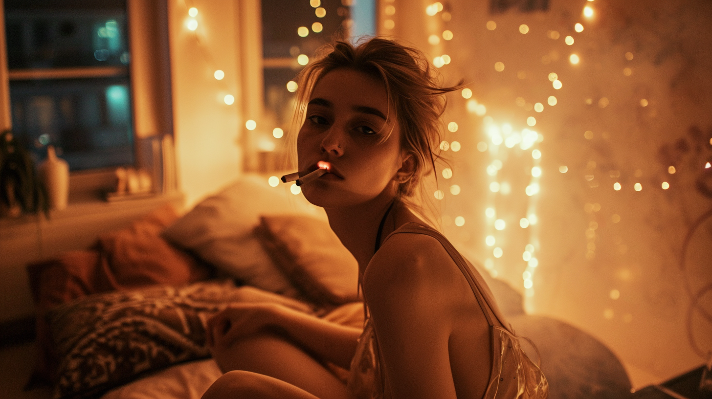 Waist-up photo of a beautiful hip skinny woman in a Parisian bedroom