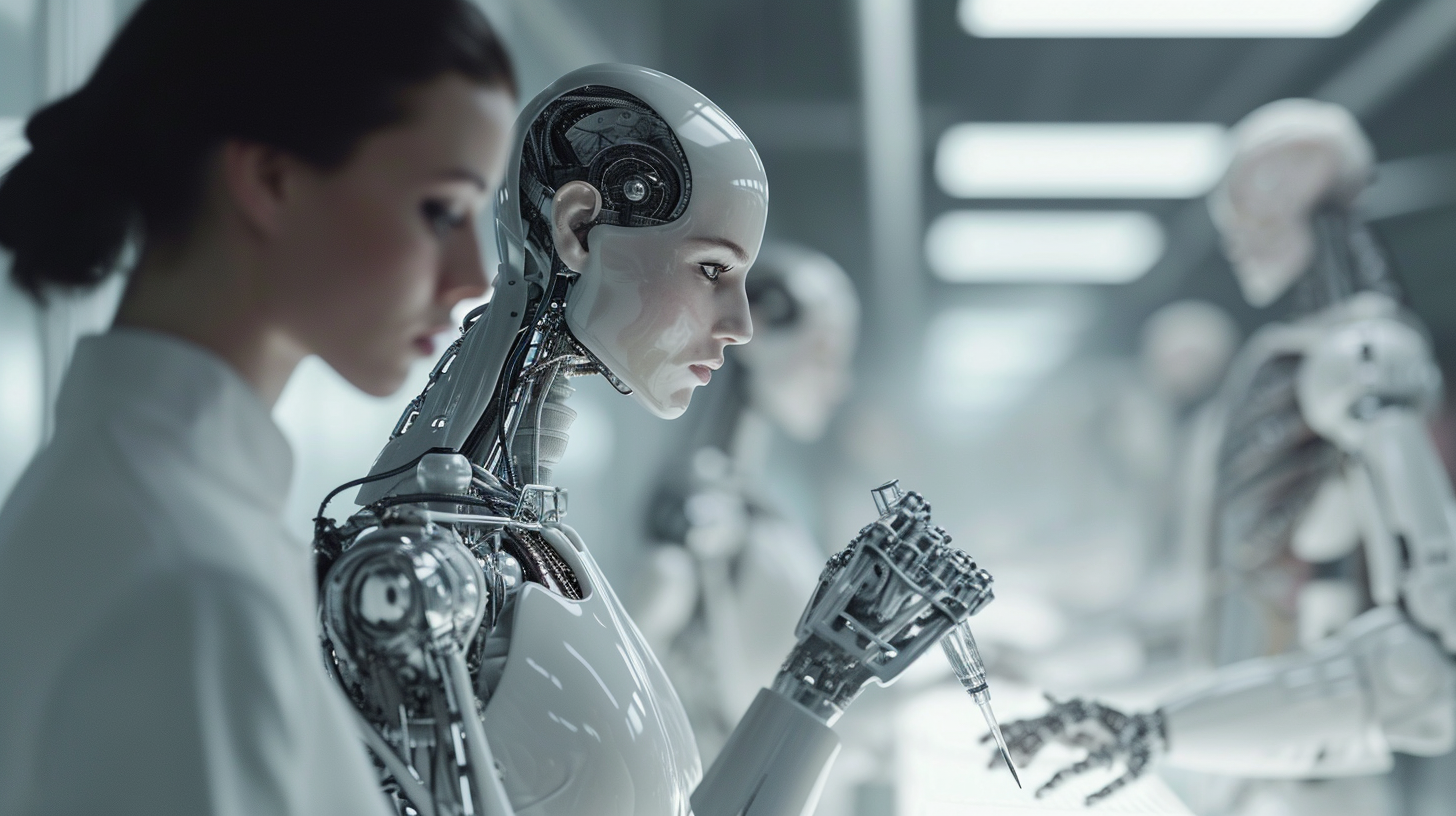 Group of scientists working on a beautiful humanoid robot