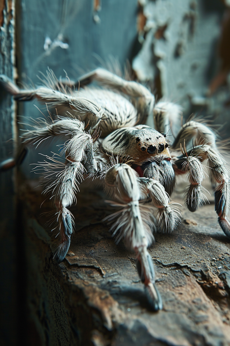 Beautiful humanoid white tarantula in vintage photoshoot