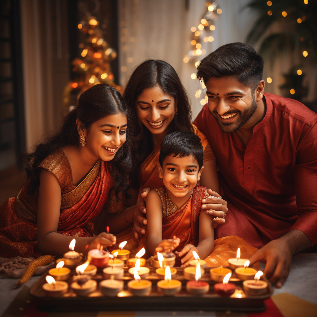 Happy Diwali celebration by an Indian family