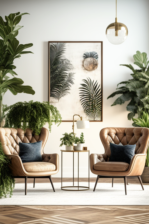 Furniture and plants in beautifully lit interior