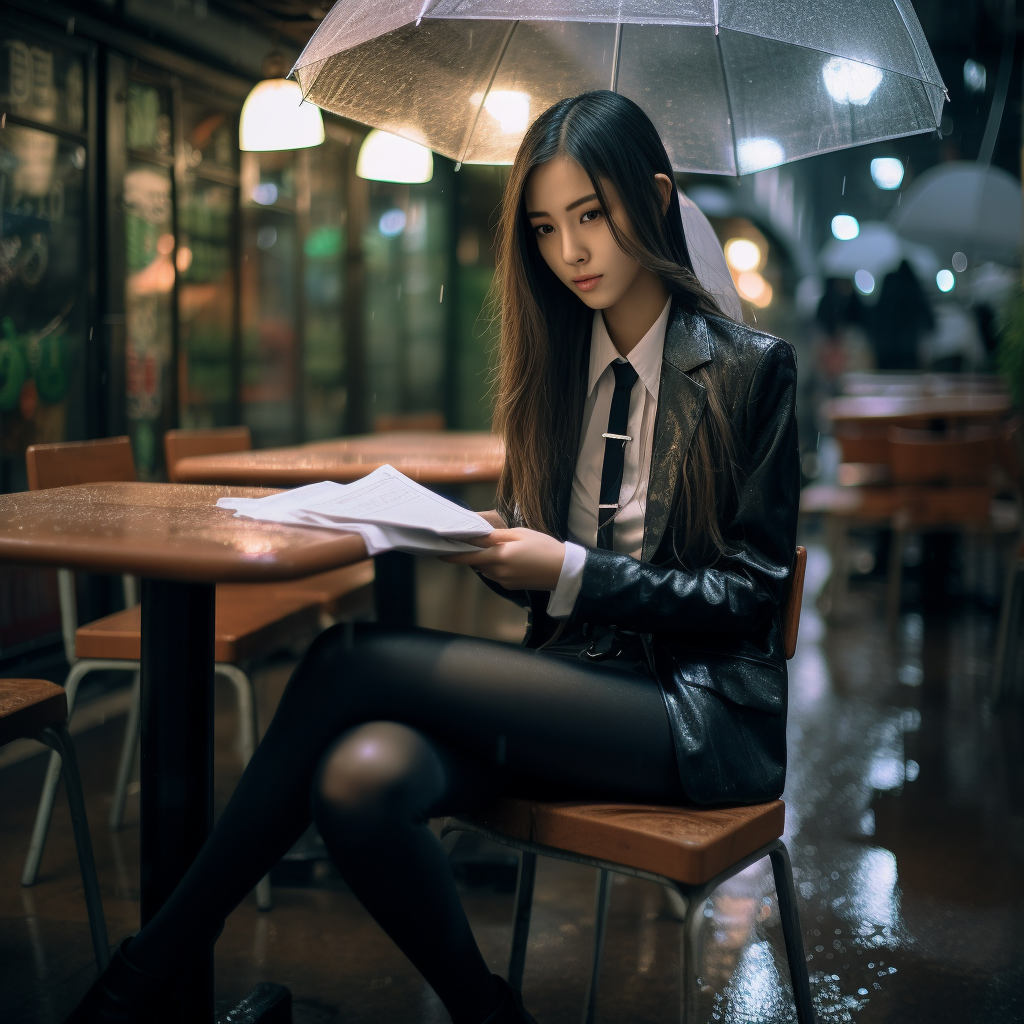 Japanese model wearing medical exam gloves in outdoor cafe