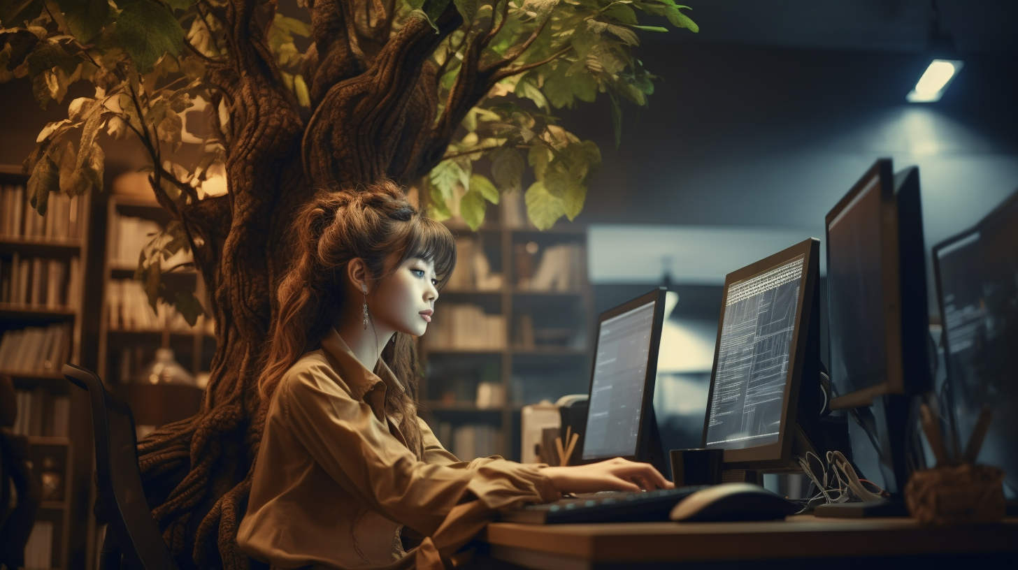 Japanese model disguised as a tree in office room