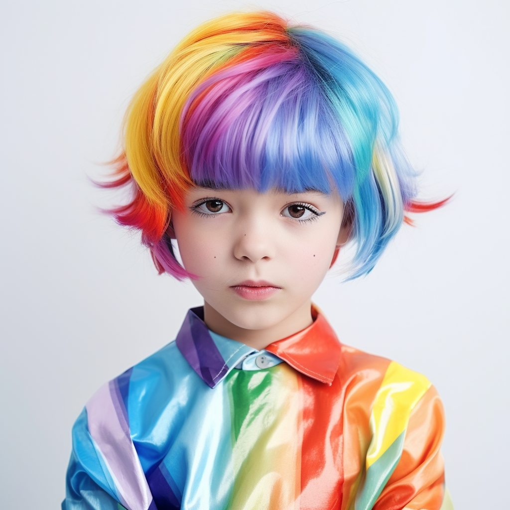 Kid girl with rainbow hair in Halloween outfit