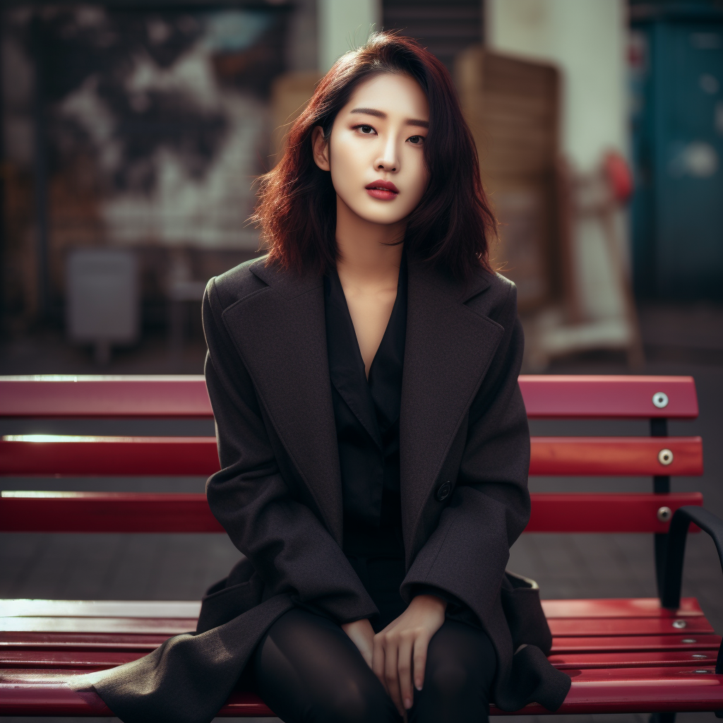 Korean celebrity wearing gloves, blazer, and leggings on a bench