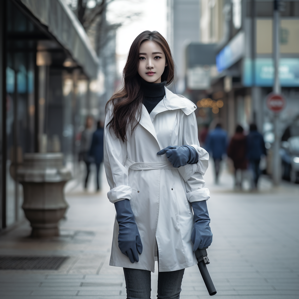 Tall young slim Korean nurse walking on the street