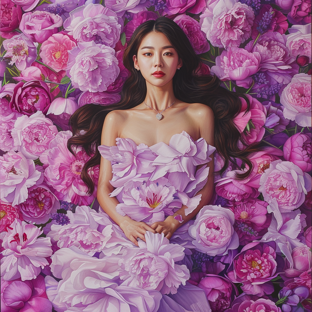 Korean woman in pink lavender flowers