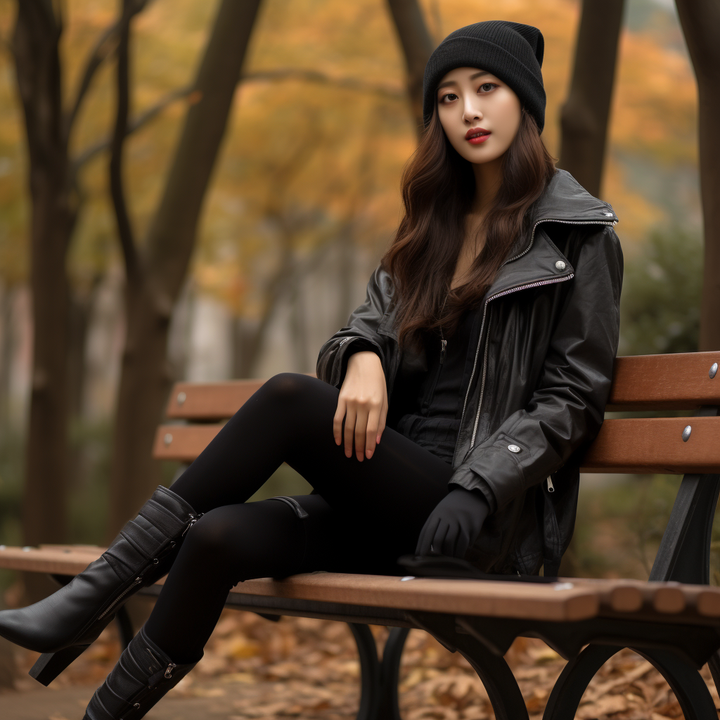 Stylish Korean woman sitting on park bench in fall