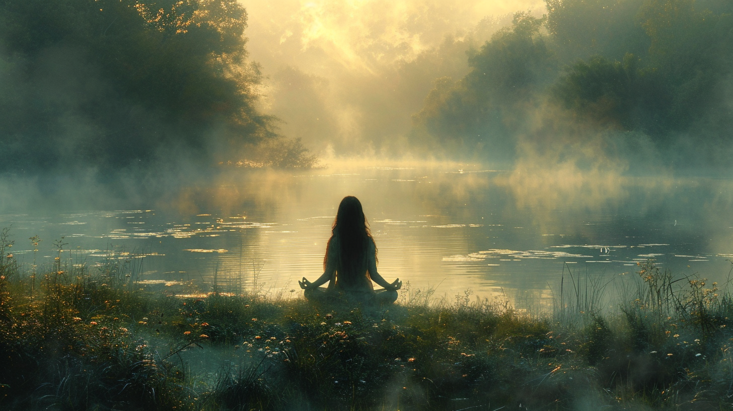 Lady Meditating by Misty Lake