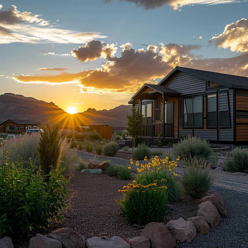 Beautiful landscaping near red mountain sunset