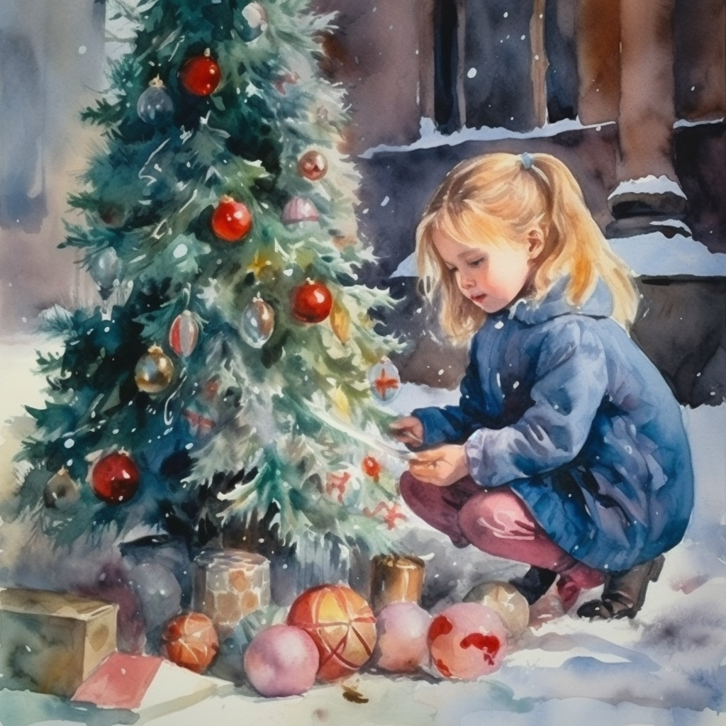 Little girl decorating Christmas tree joyfully