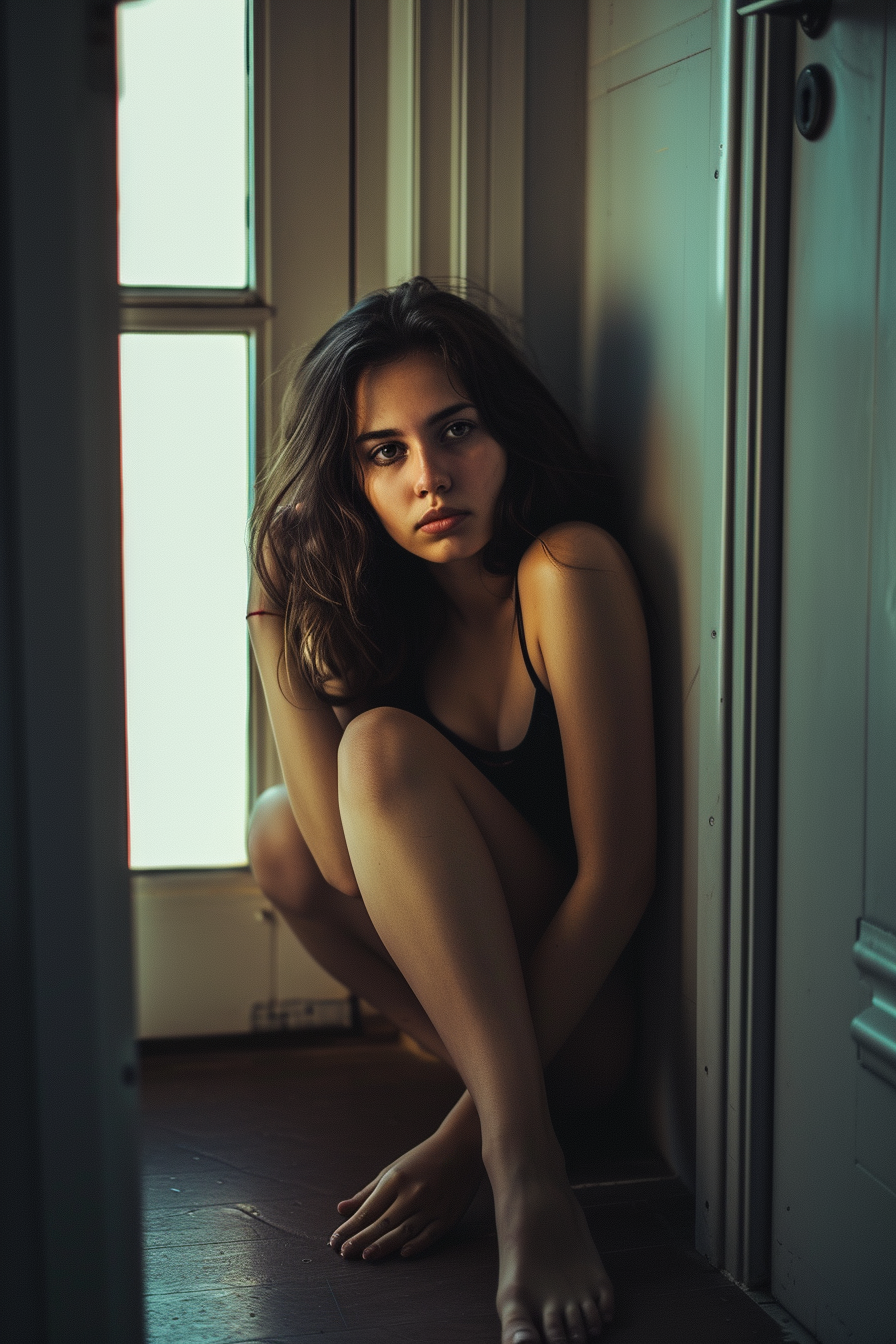 Lovely eyes in dark light full-length portrait