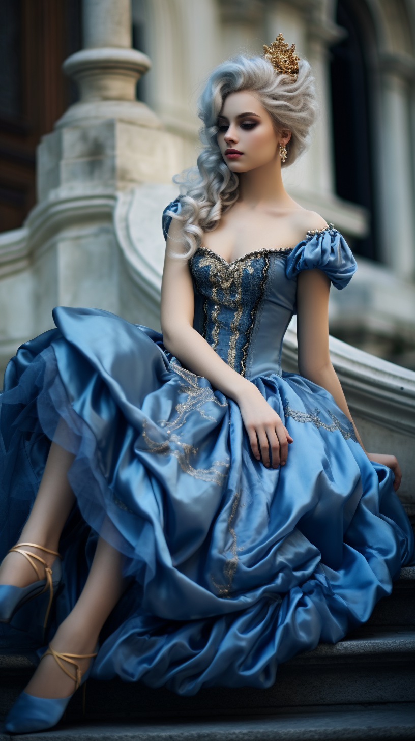 Beautiful girl in azure ball gown with Venetian mask