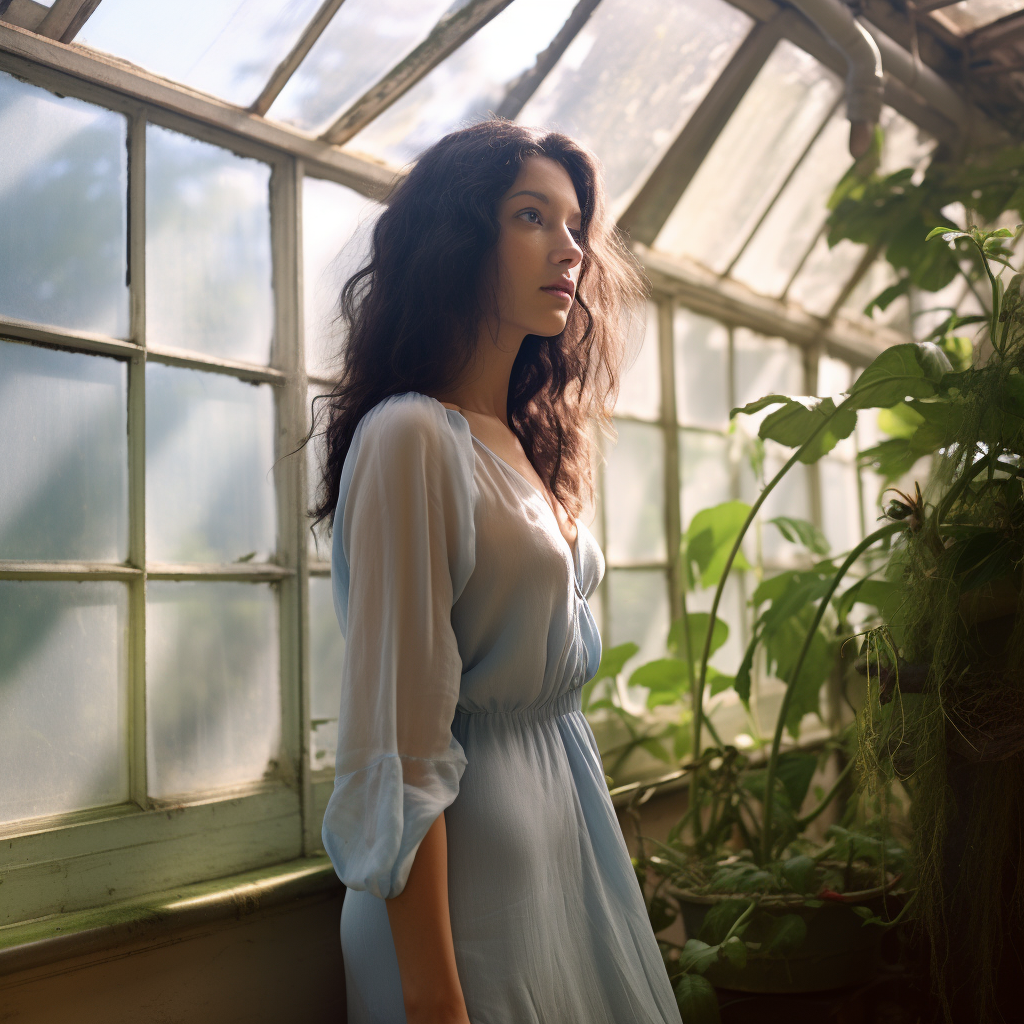 Latin woman in blue shift dress smiling in palm house