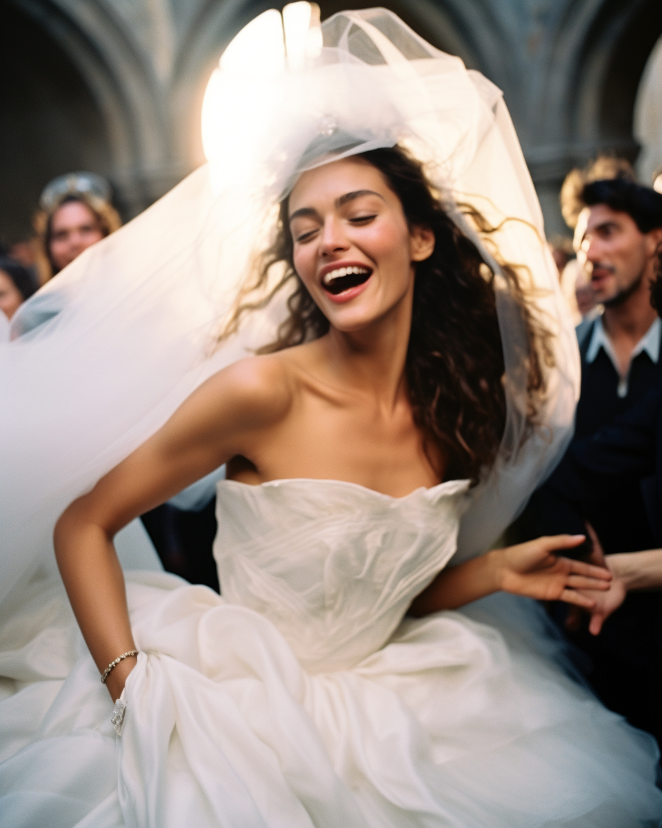 Young bride dancing with crowd