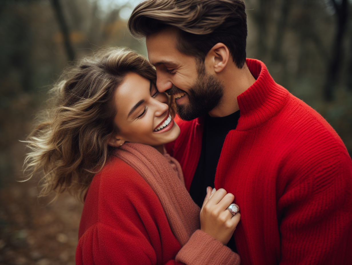 Model couple laughing in red sweaters