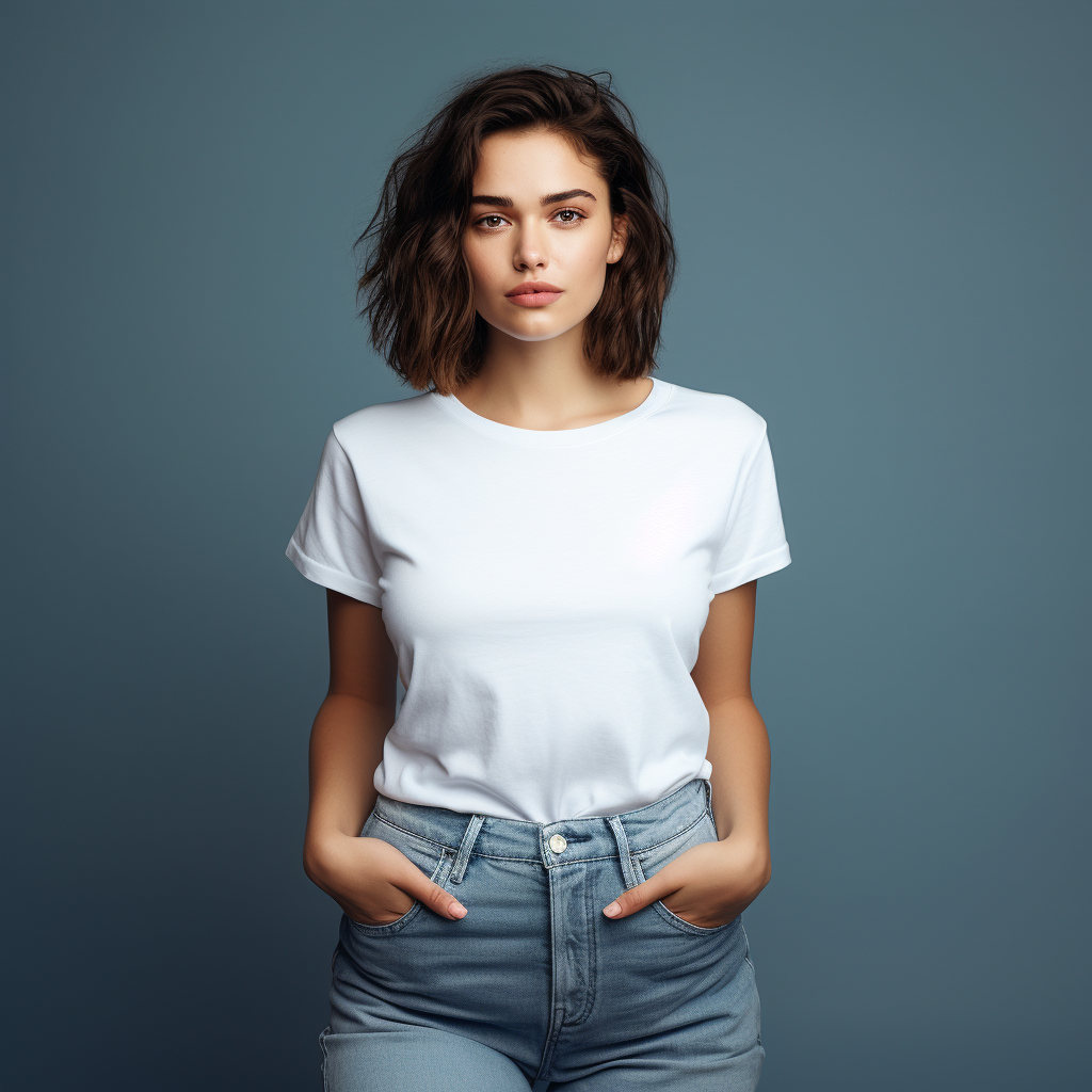 Stunning model in denim jeans and white shirt