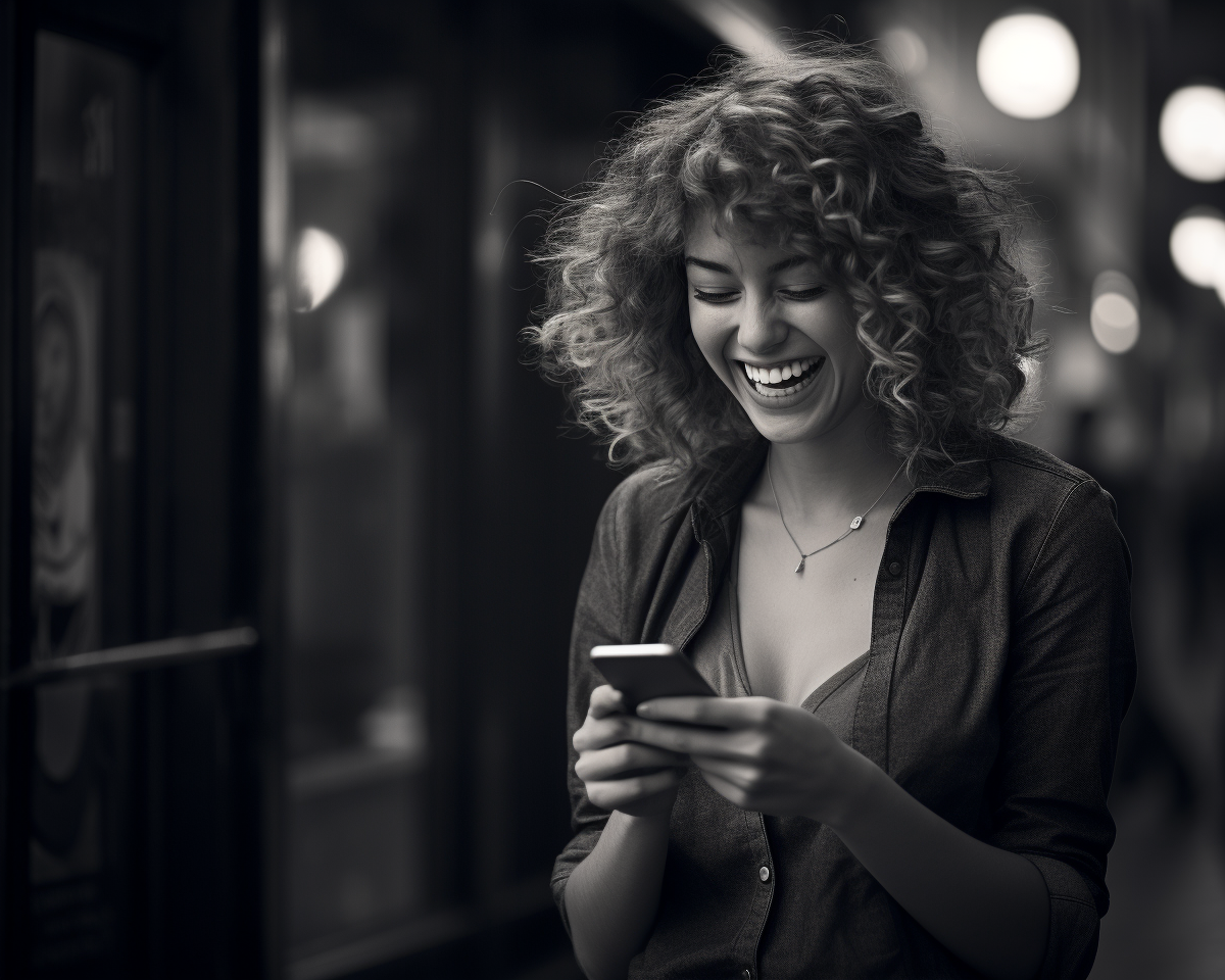 Model laughing while texting on phone