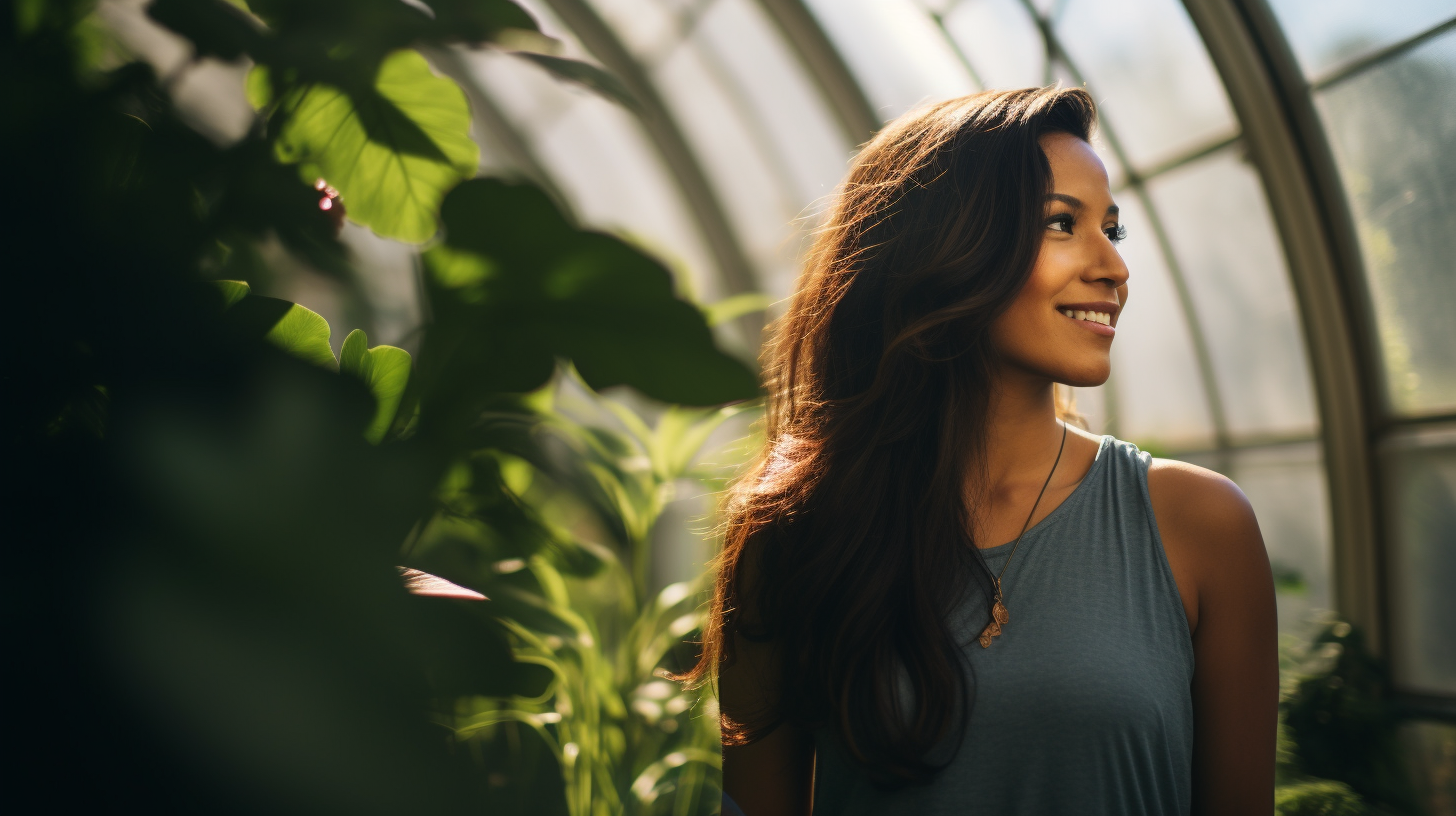 Native American woman smiling in botanical garden