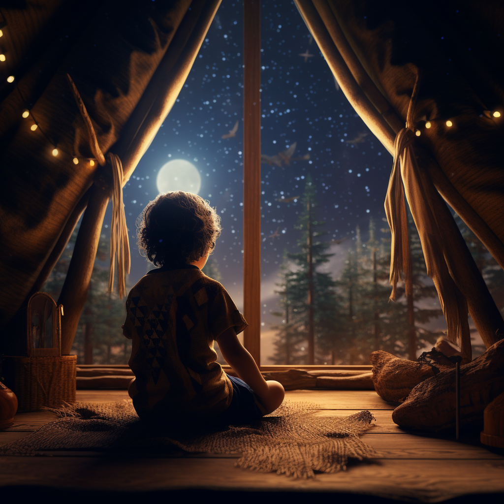 Child gazing at magical night forest