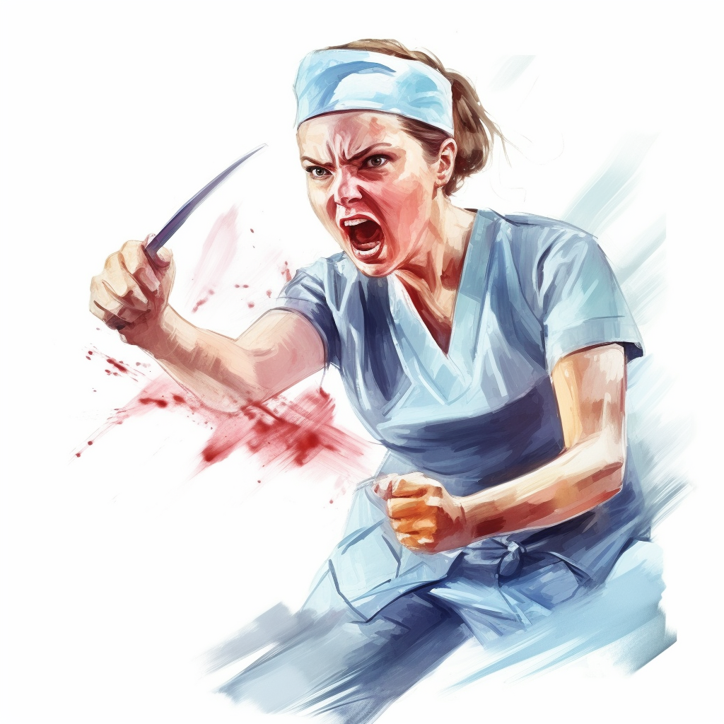 Beautiful nurse attacking with scalpel