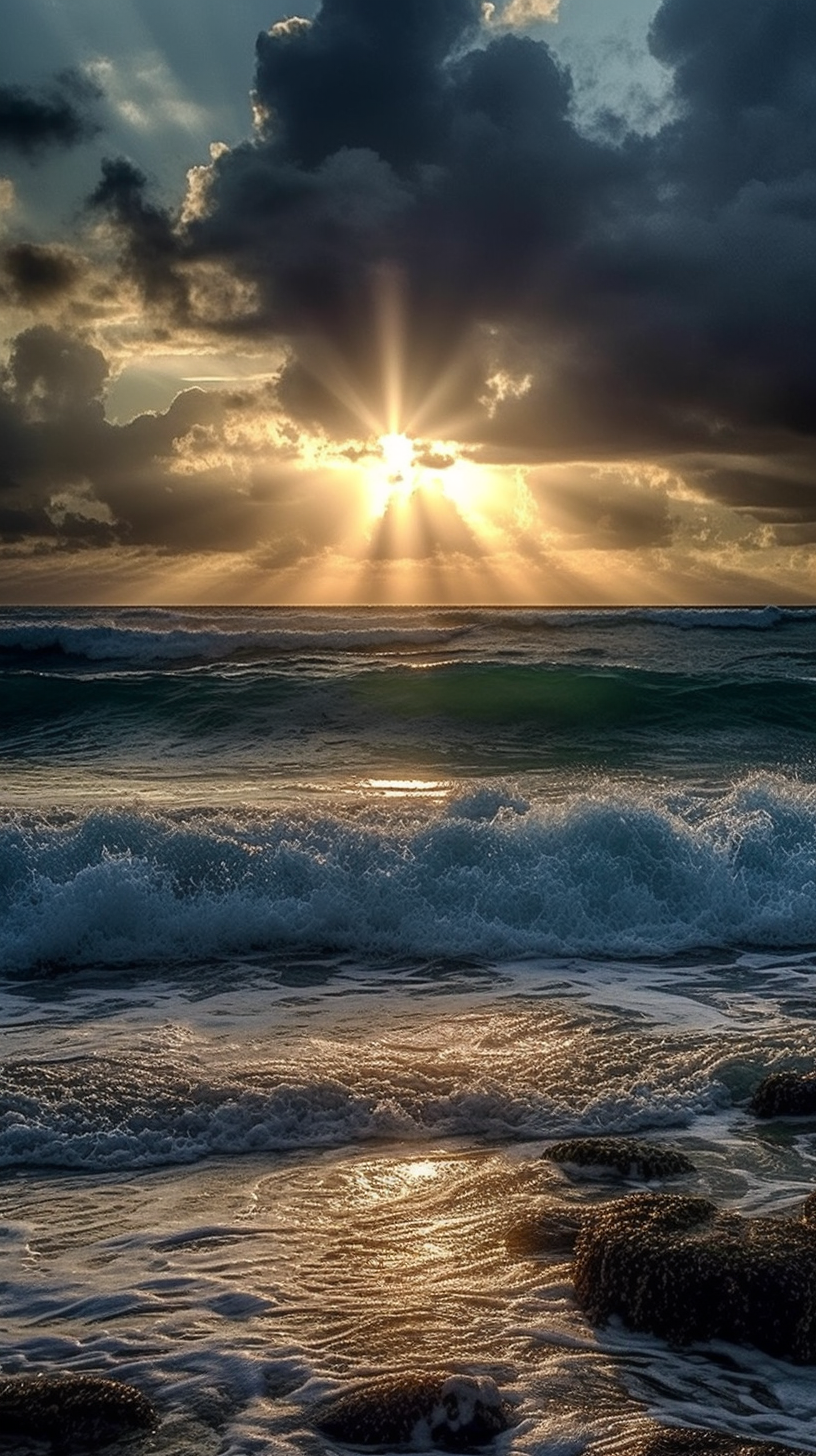 Ocean sunset with beautiful clouds and god rays