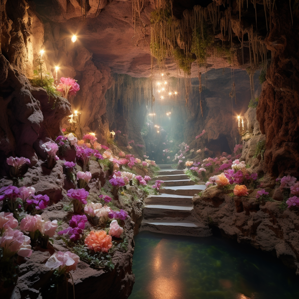 Serene scene of flowers in cave