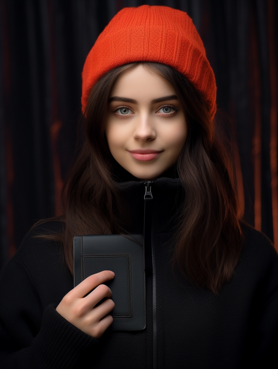 Beautiful girl in hoodies with black passport cover