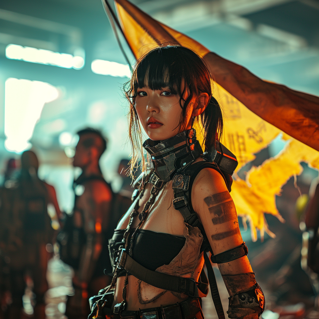 Beautiful Japanese girl in cyberpunk wastelander outfit