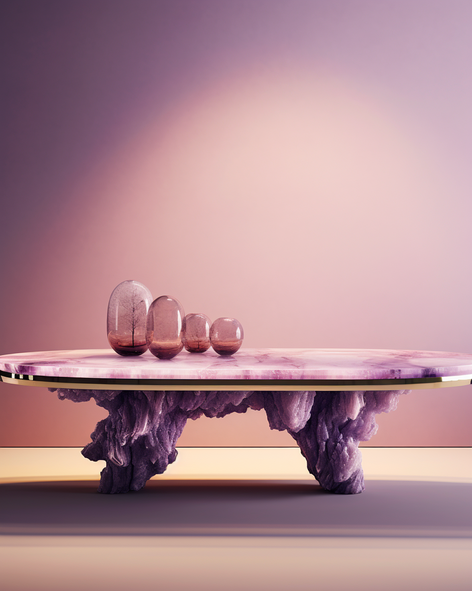 Beautiful purple quartz and geode flat dining table