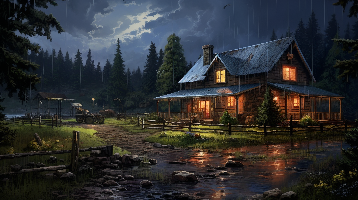 Scenic Rainy Farm with Pine Trees