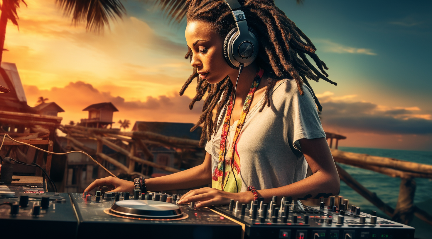 Stylish DJ woman mixing by the sea