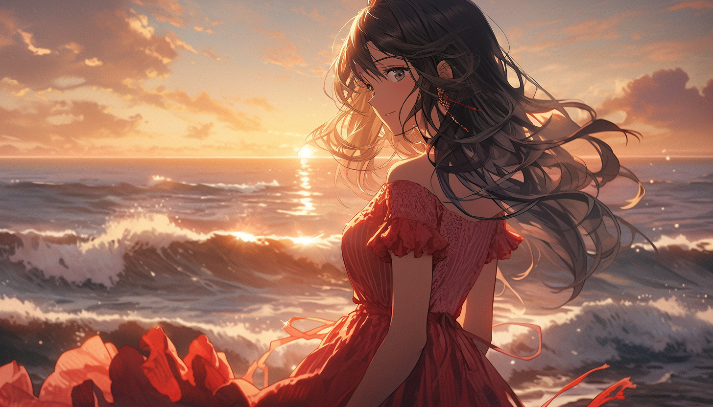 Beautiful girl in red dress by the ocean