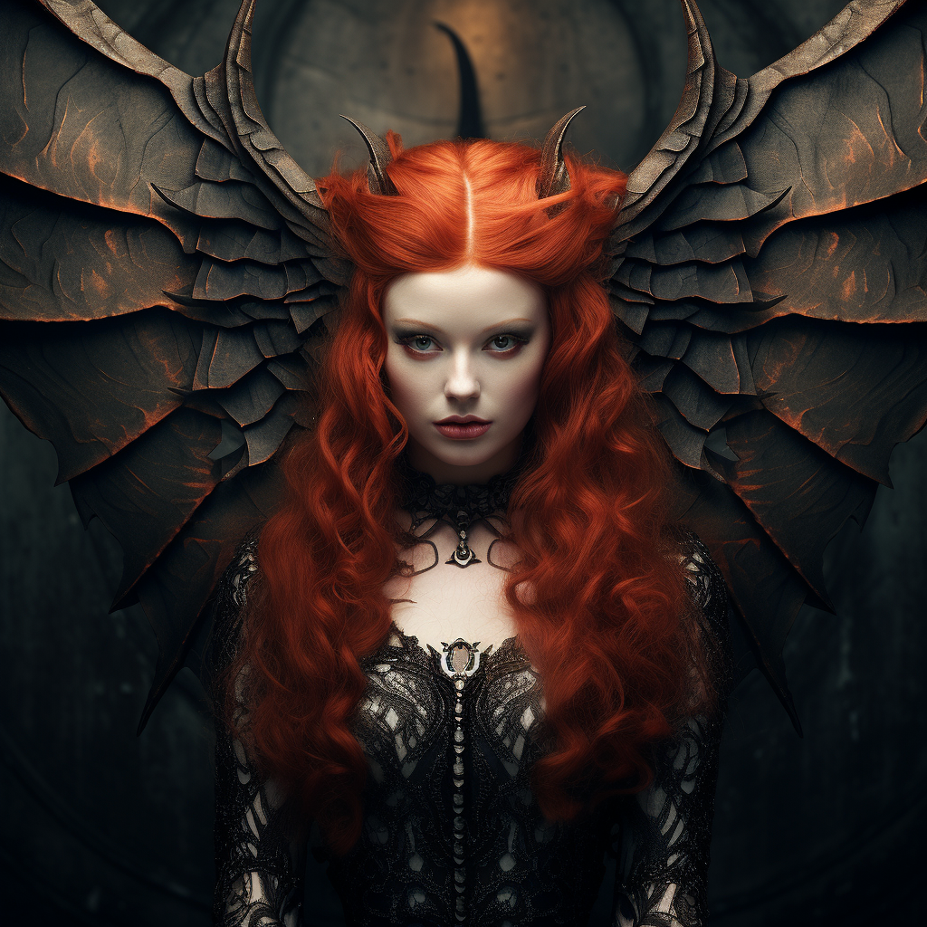 Gorgeous redhead woman with horns and bat wings