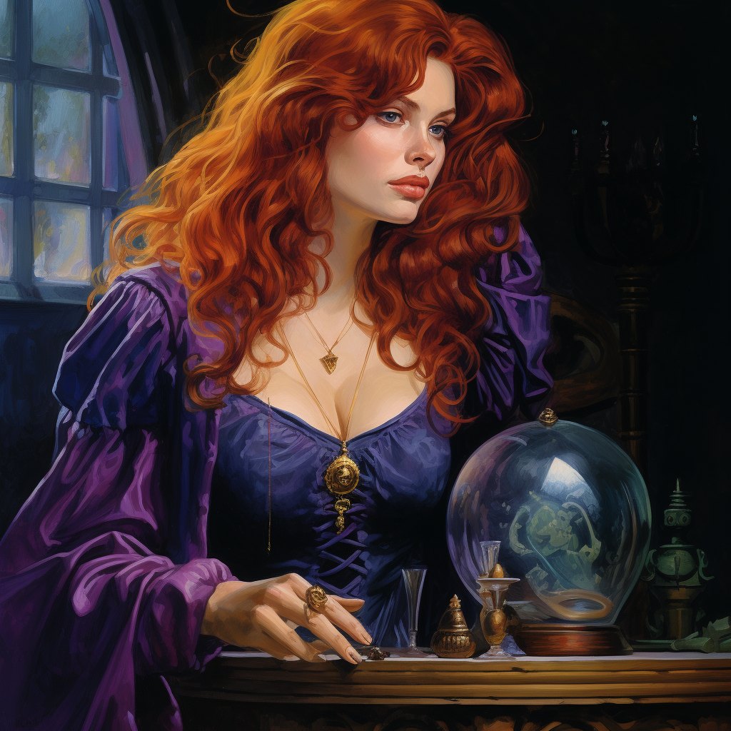 Redheaded witch with blue eyes and purple dress