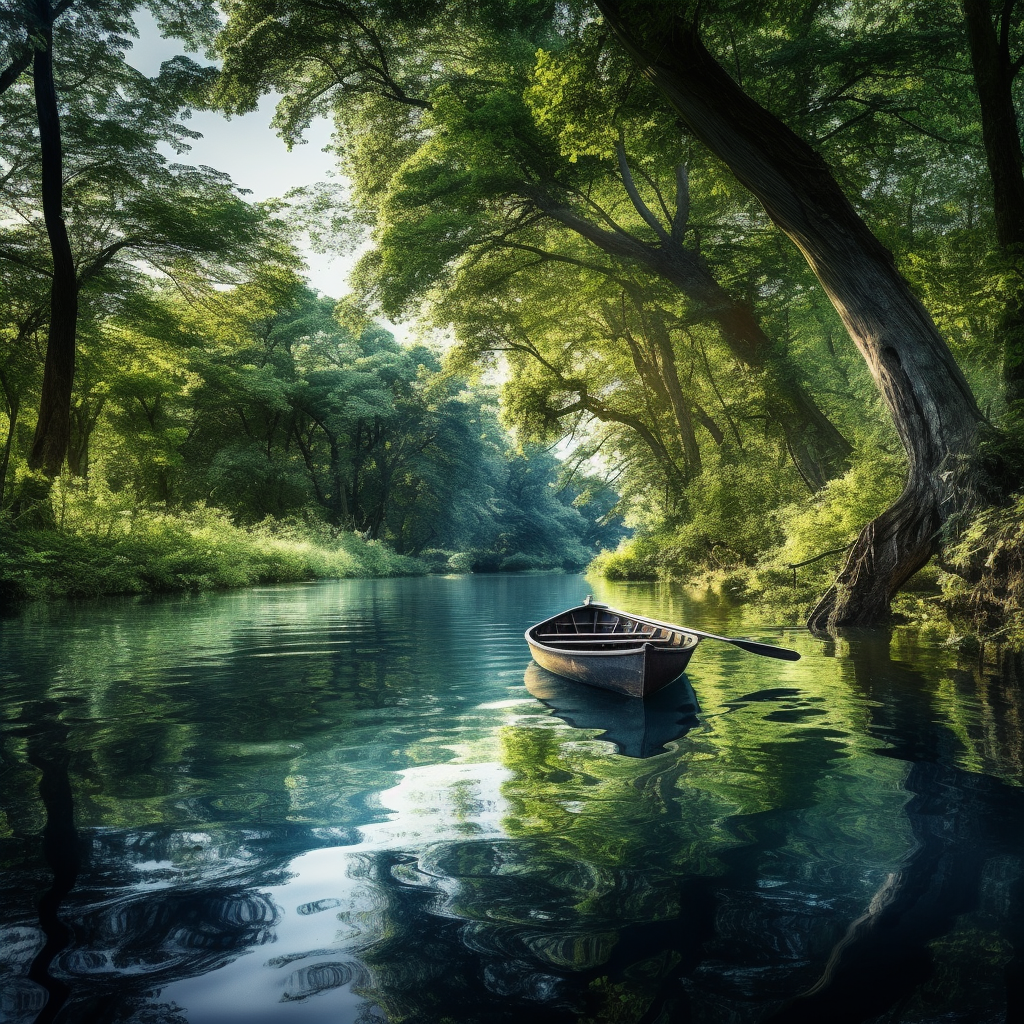 Serene forest with river and boat