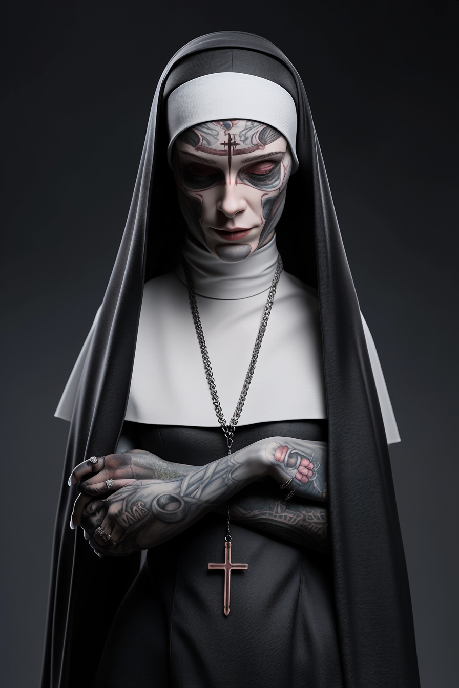 Stunning nun with religious face tattoos