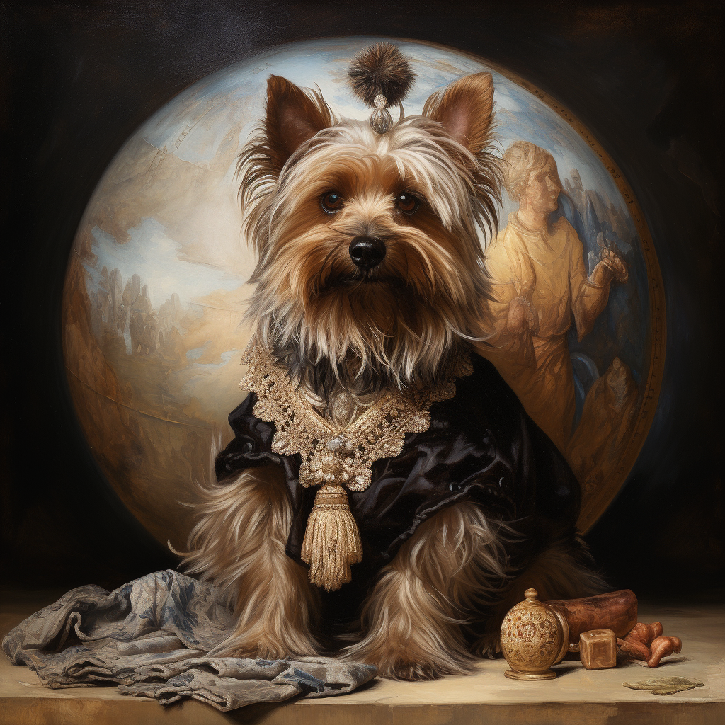 Adorable Yorkie holding a Renaissance masterpiece