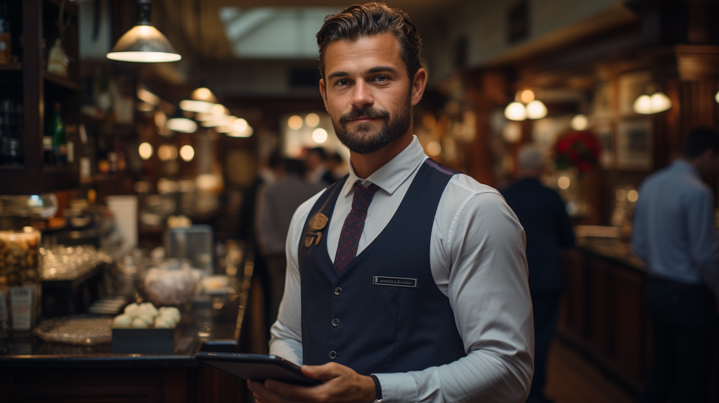 Professional hostess holds iPad at restaurant