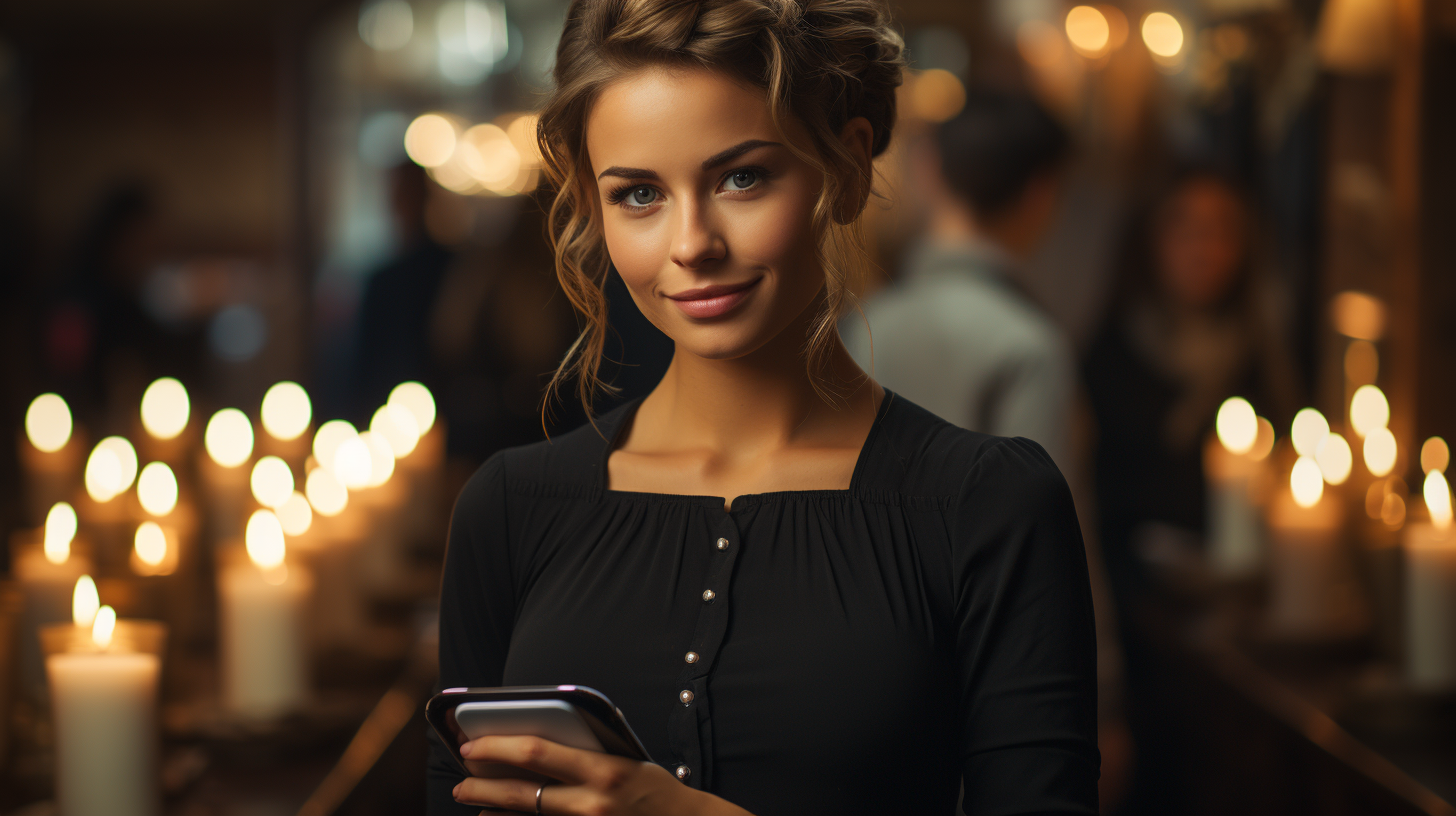 Smiling restaurant hostess welcoming guests with an iPad