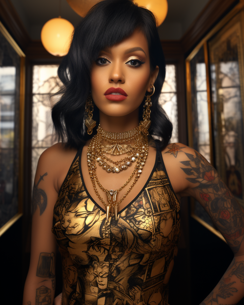 Portrait of Rihanna with Tattoos and golden dress