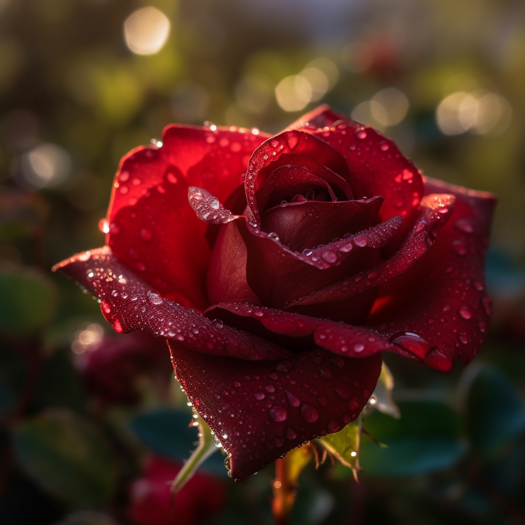 Exquisite red rose with dewdrops